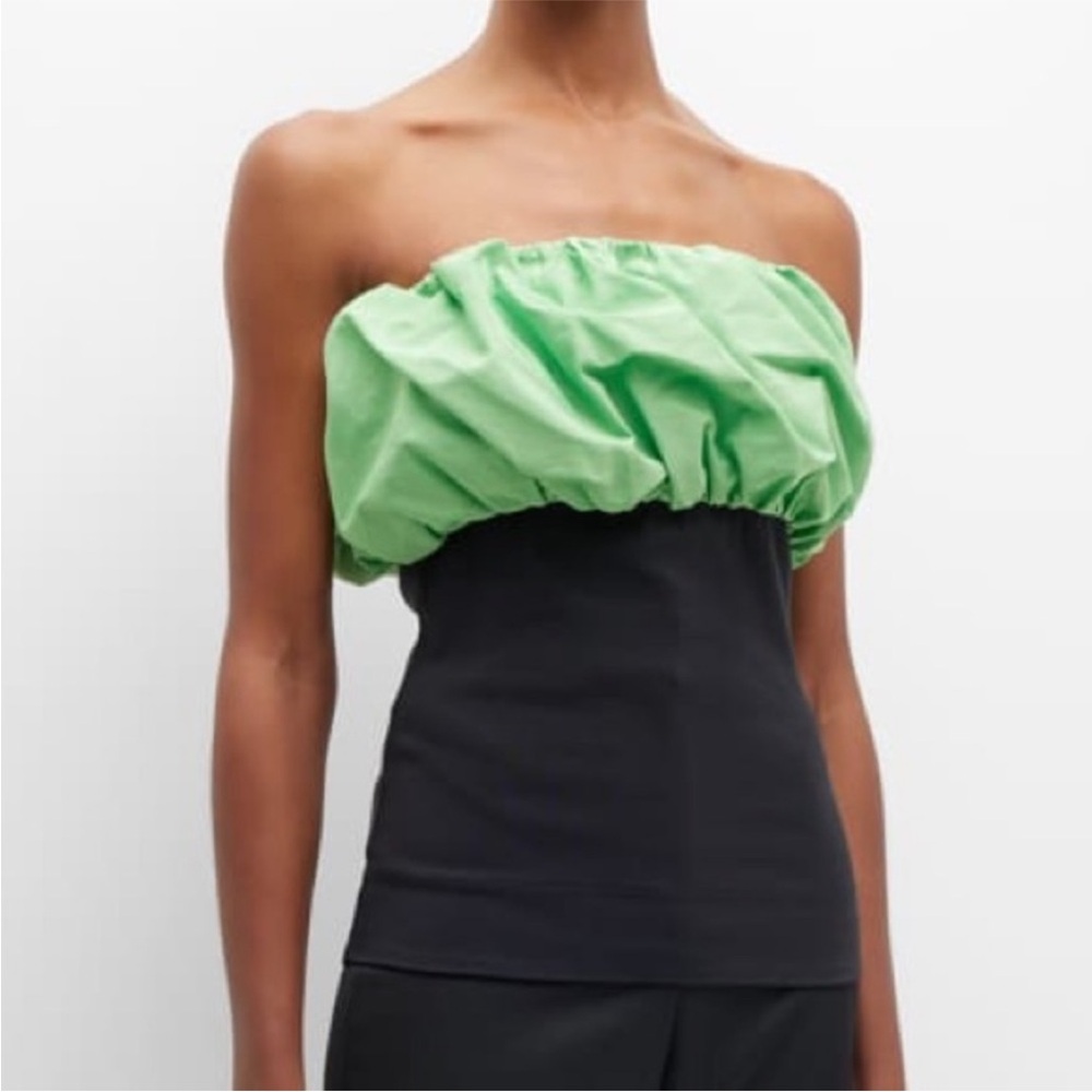 Ganni NWT Puff Sleeve Contrast Top Green Black EU 32 (US 0)